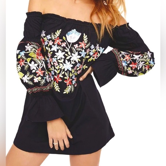Free People Fleur Du Jour Black Floral Embroidered Off Shoulder Dress XS - Picture 2 of 12